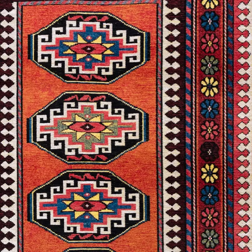 Red And Orange Tribal Washable Area Rug With UV Protection Photo 9