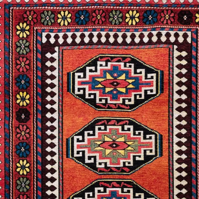 Red And Orange Tribal Washable Area Rug With UV Protection Photo 3