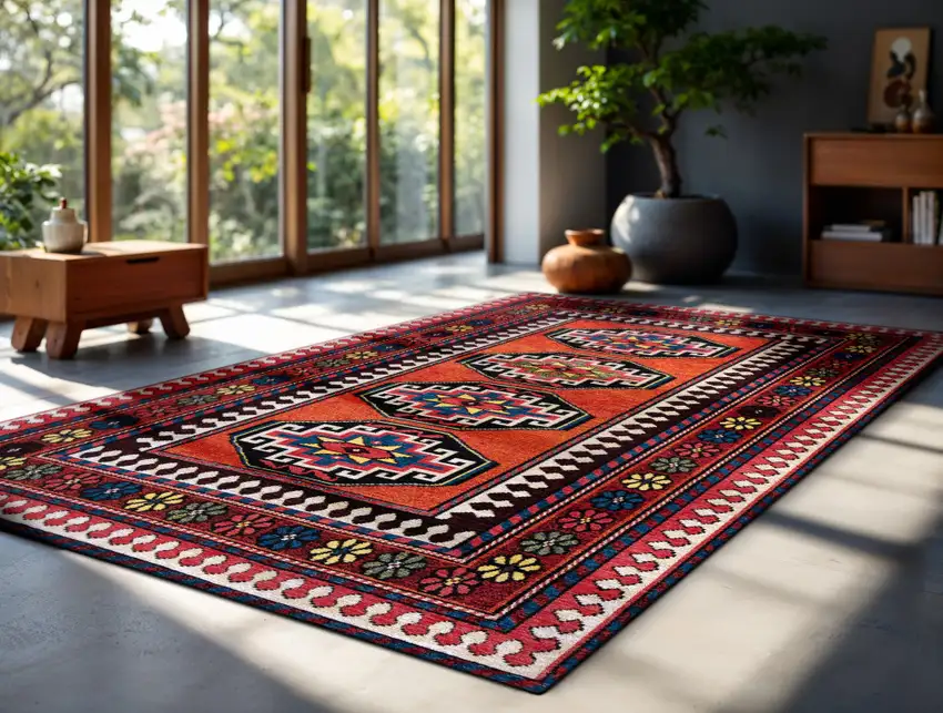 Red And Orange Tribal Washable Area Rug With UV Protection Photo 5