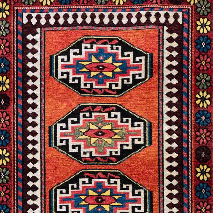 Red And Orange Tribal Washable Area Rug With UV Protection Photo 9