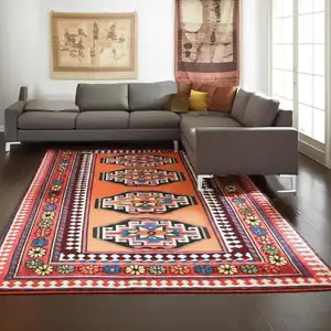 Photo of Red And Orange Tribal Washable Area Rug With UV Protection
