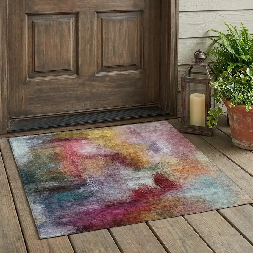 Red And Plum Abstract Washable Indoor Outdoor Area Rug Photo 1