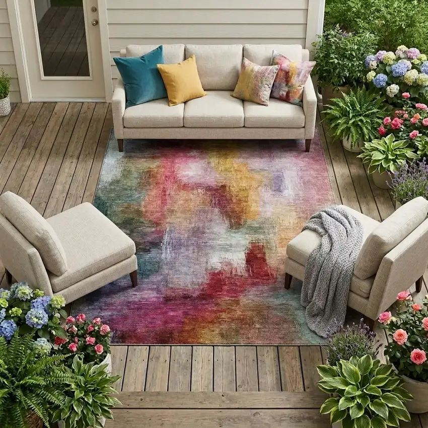 Red And Plum Abstract Washable Indoor Outdoor Area Rug Photo 1