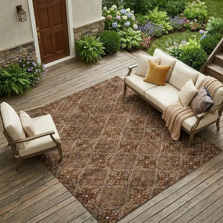 Red And Rust Geometric Washable Indoor Outdoor Area Rug Photo 1