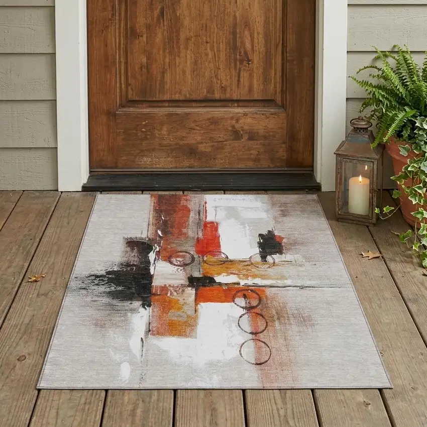 Red And Silver Abstract Washable Indoor Outdoor Area Rug Photo 1