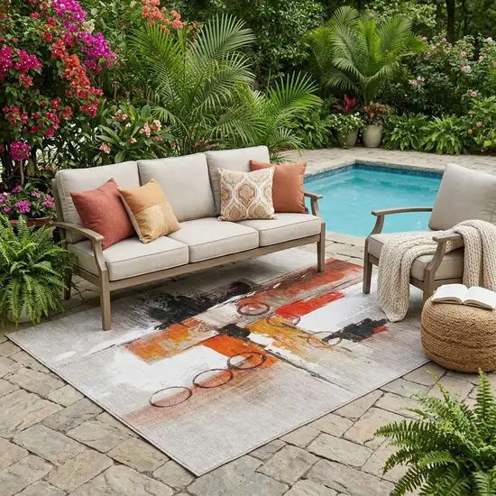 Red And Silver Abstract Washable Indoor Outdoor Area Rug Photo 1