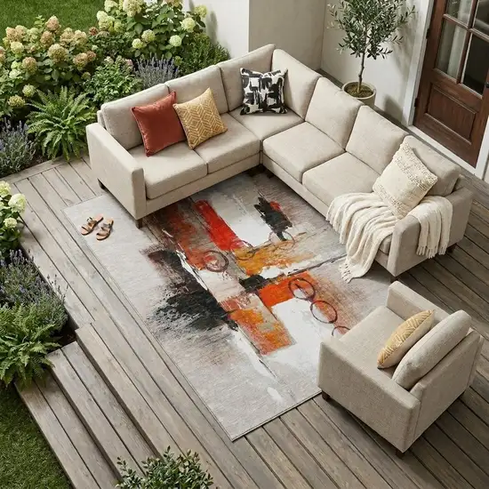 Red And Silver Abstract Washable Indoor Outdoor Area Rug Photo 1
