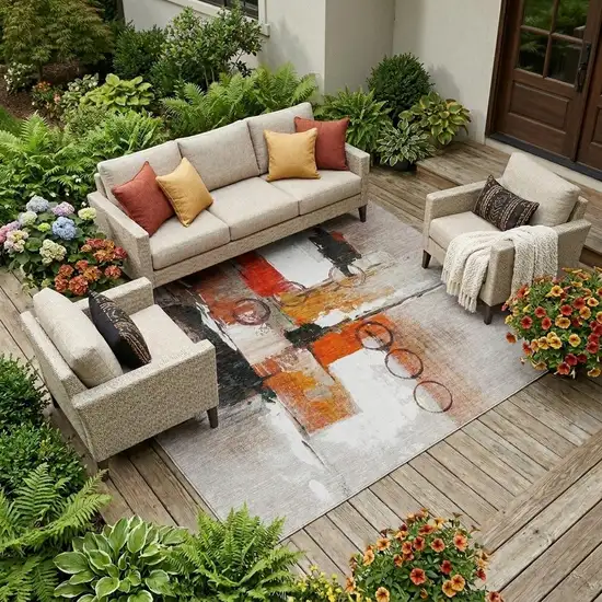 Red And Silver Abstract Washable Indoor Outdoor Area Rug Photo 1