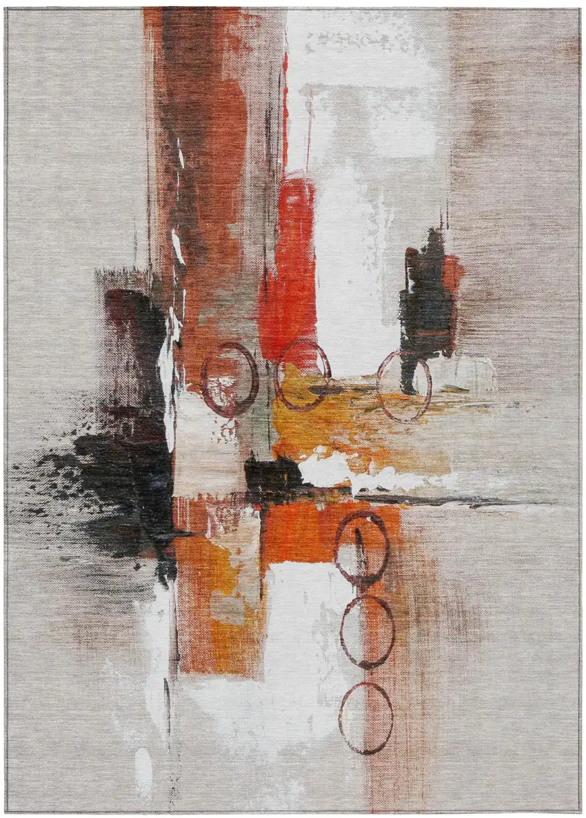 Red And Silver Abstract Washable Indoor Outdoor Area Rug Photo 2