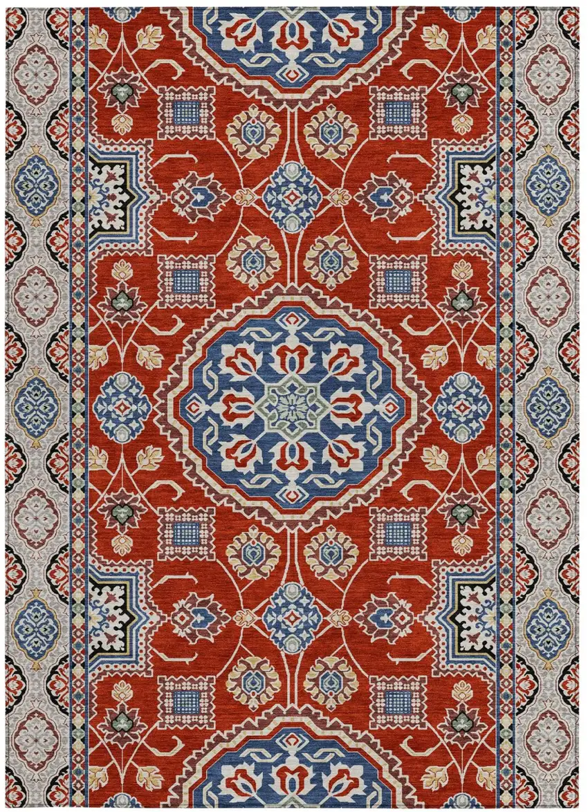 Red And Silver Floral Medallion Washable Indoor Outdoor Area Rug Photo 3