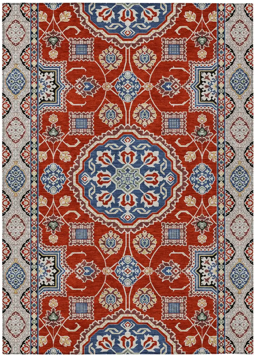 Red And Silver Floral Medallion Washable Indoor Outdoor Area Rug Photo 2