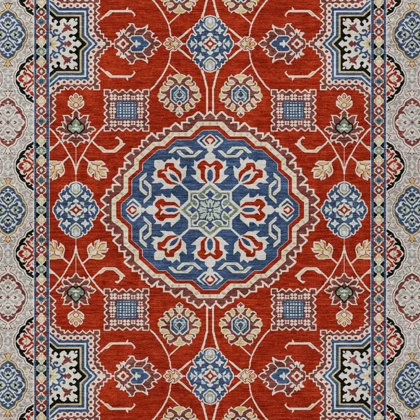 Red And Silver Floral Medallion Washable Indoor Outdoor Area Rug Photo 1