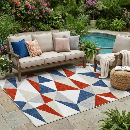 Red And Silver Geometric Washable Indoor Outdoor Area Rug Photo 1