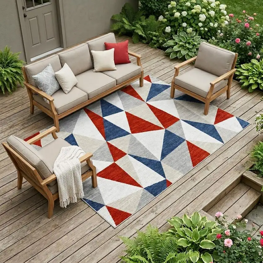 Red And Silver Geometric Washable Indoor Outdoor Area Rug Photo 1