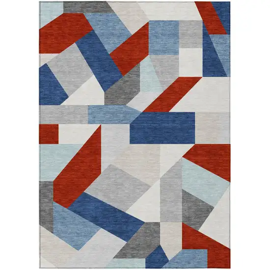 Red And Silver Geometric Washable Indoor Outdoor Area Rug Photo 1