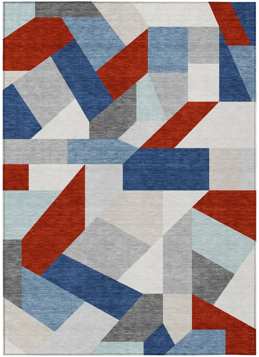 Red And Silver Geometric Washable Indoor Outdoor Area Rug Photo 1