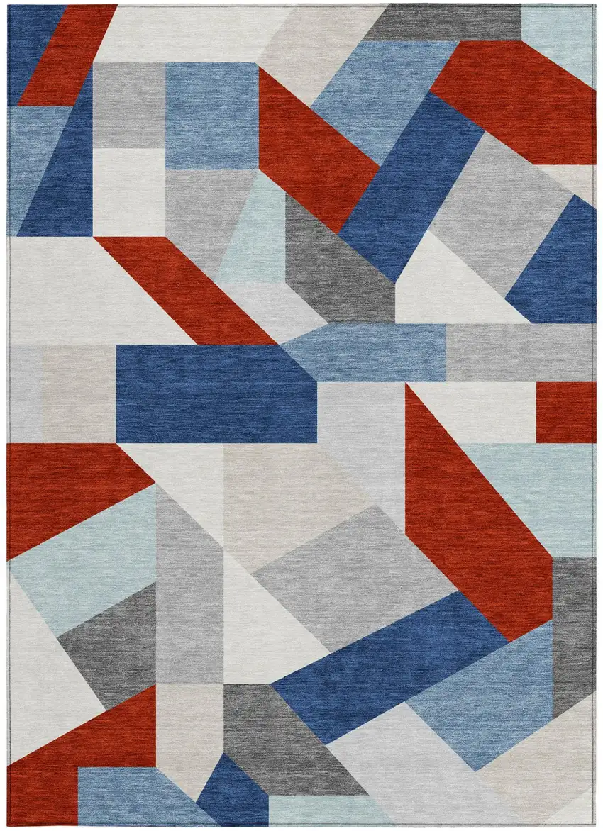 Red And Silver Geometric Washable Indoor Outdoor Area Rug Photo 3