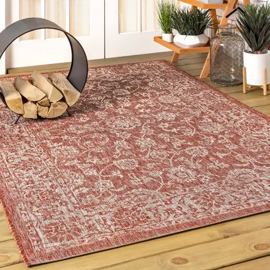 Red And Taupe Medallion Indoor Outdoor Area Rug Photo 5