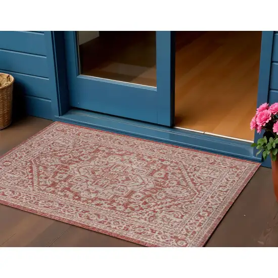 Red And Taupe Medallion Indoor Outdoor Area Rug Photo 1