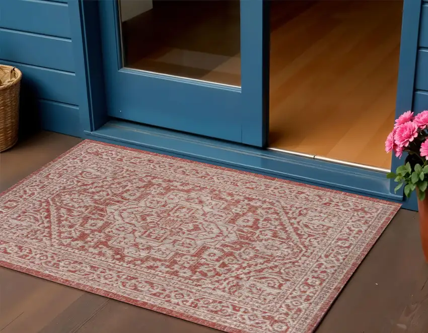 Red And Taupe Medallion Indoor Outdoor Area Rug Photo 1