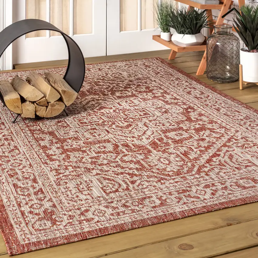 Red And Taupe Medallion Indoor Outdoor Area Rug Photo 4