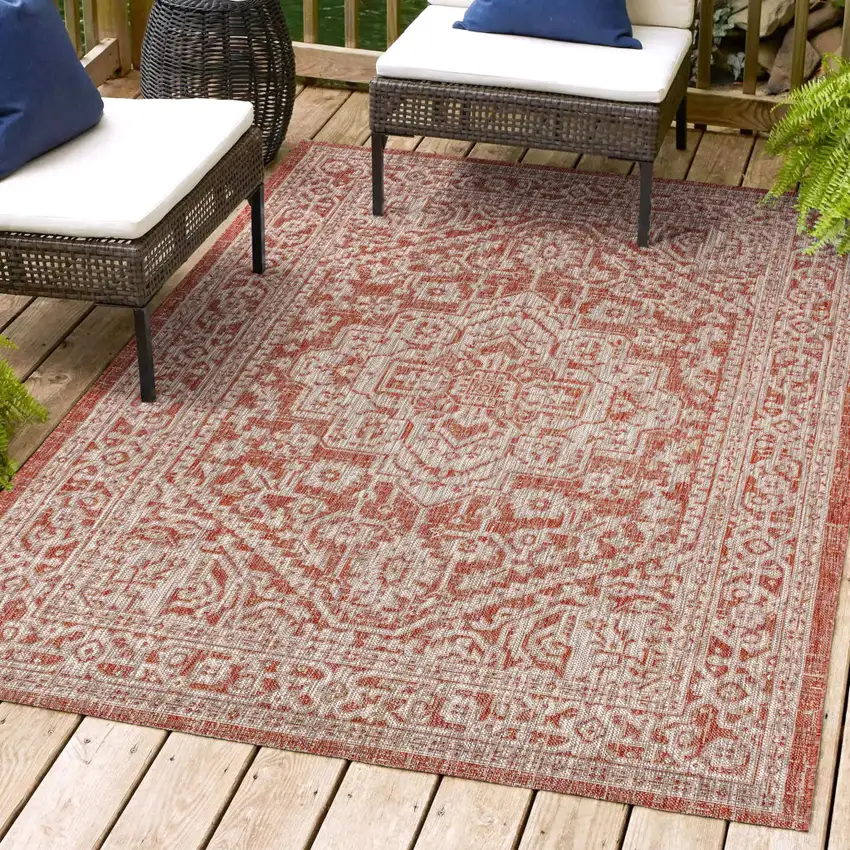 Red And Taupe Medallion Indoor Outdoor Area Rug Photo 8