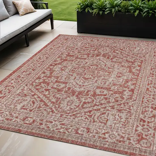 Red And Taupe Medallion Indoor Outdoor Area Rug Photo 1
