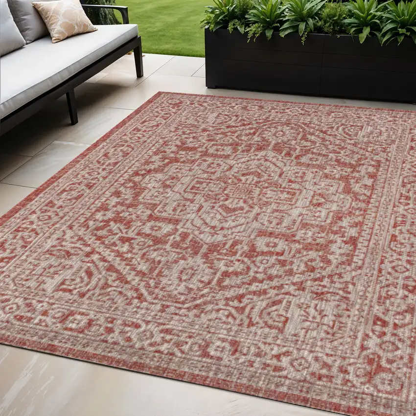 Red And Taupe Medallion Indoor Outdoor Area Rug Photo 1