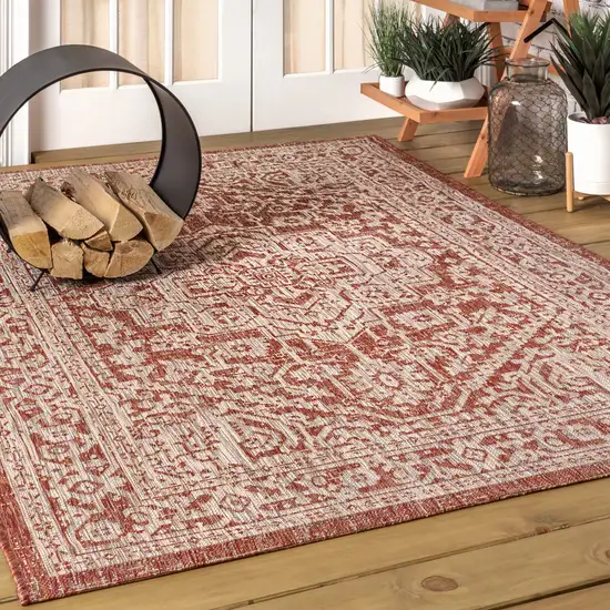 Red And Taupe Medallion Indoor Outdoor Area Rug Photo 5