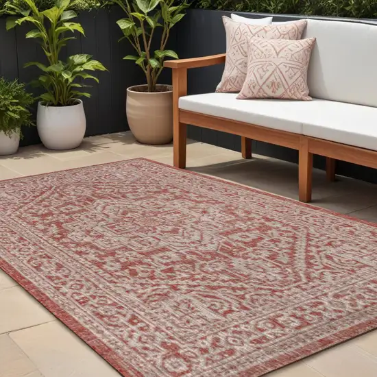Red And Taupe Medallion Indoor Outdoor Area Rug Photo 1