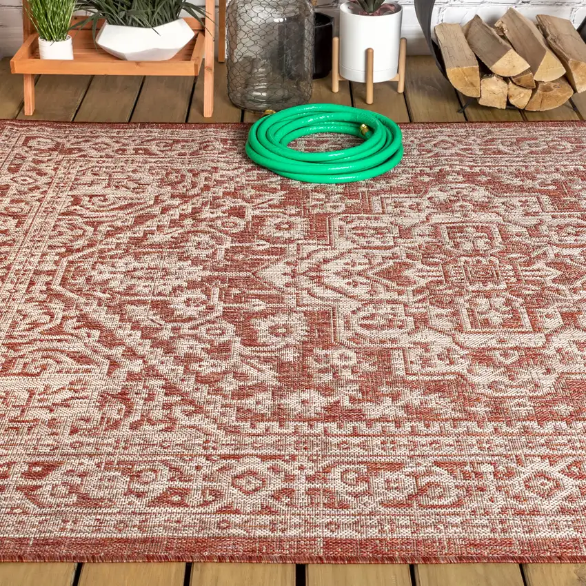 Red And Taupe Medallion Indoor Outdoor Area Rug Photo 7