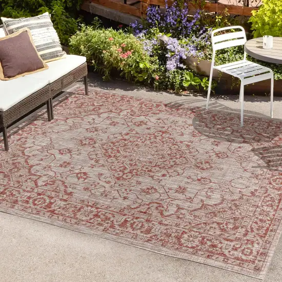 Red And Taupe Medallion Indoor Outdoor Area Rug Photo 9