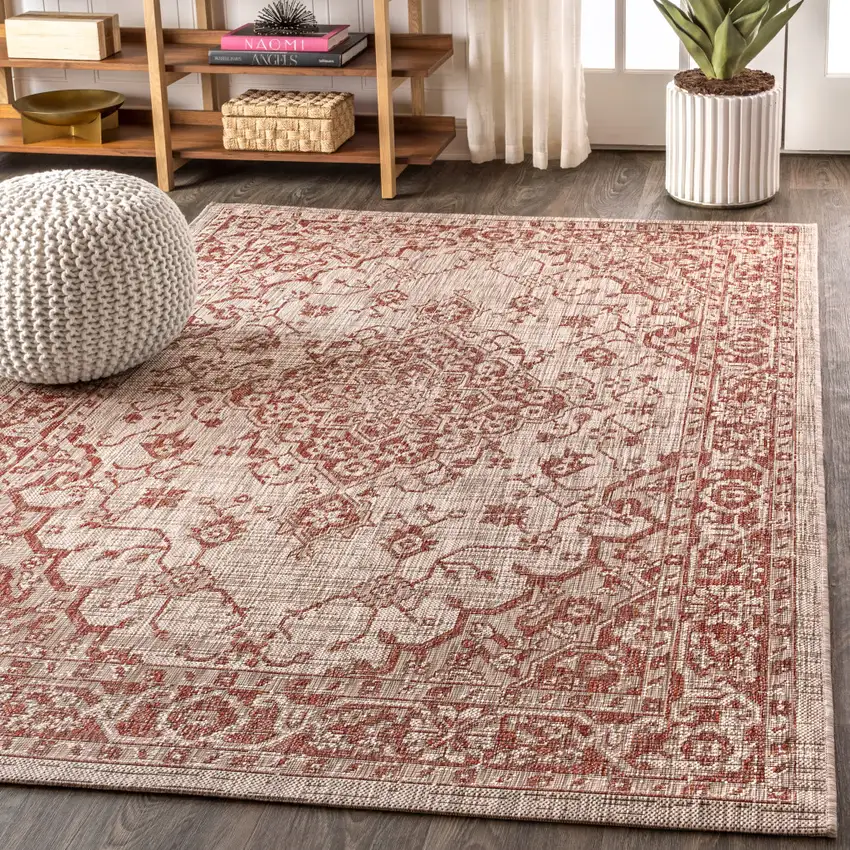 Red And Taupe Medallion Indoor Outdoor Area Rug Photo 6