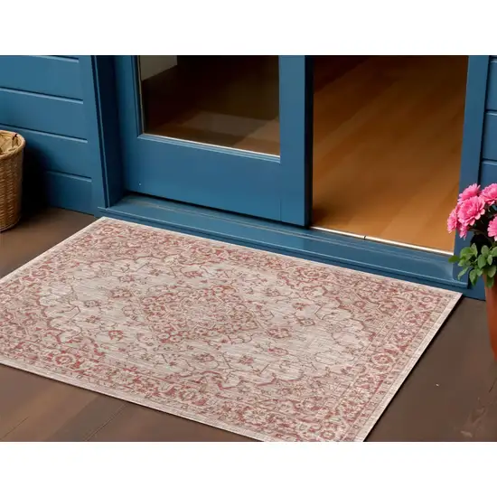 Red And Taupe Medallion Indoor Outdoor Area Rug Photo 1