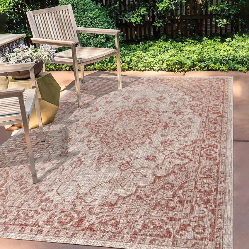 Red And Taupe Medallion Indoor Outdoor Area Rug Photo 8