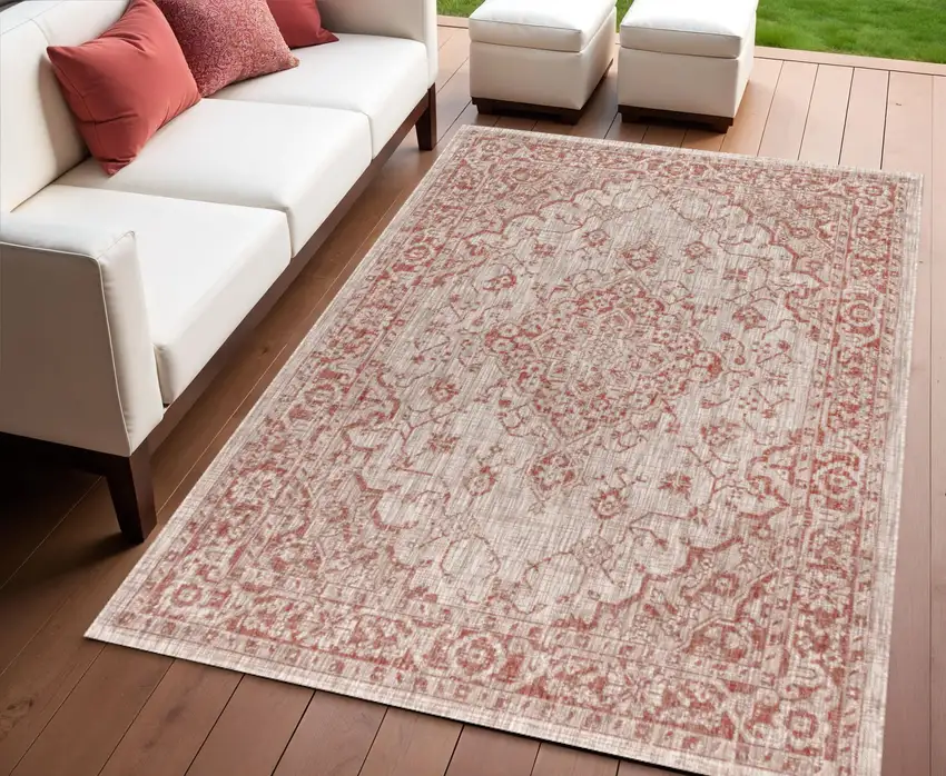 Red And Taupe Medallion Indoor Outdoor Area Rug Photo 1