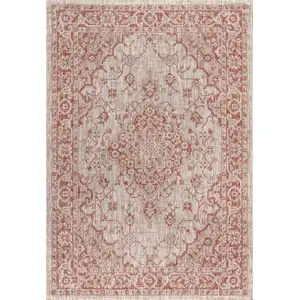 Photo of Red And Taupe Medallion Indoor Outdoor Area Rug