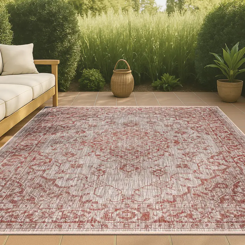 Red And Taupe Medallion Indoor Outdoor Area Rug Photo 4