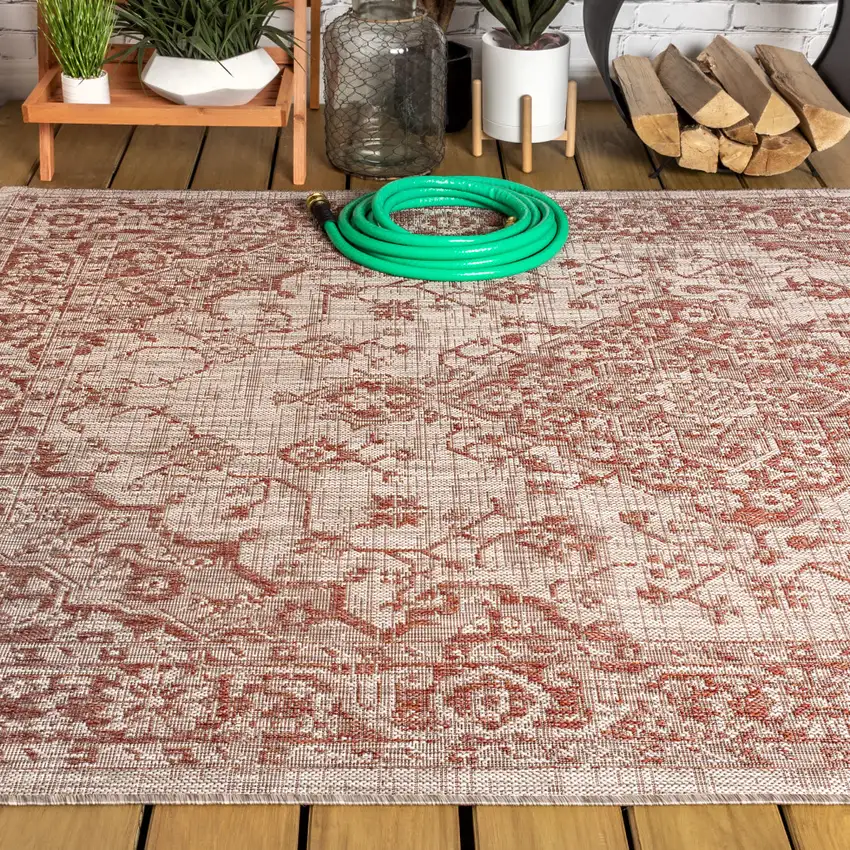 Red And Taupe Medallion Indoor Outdoor Area Rug Photo 7