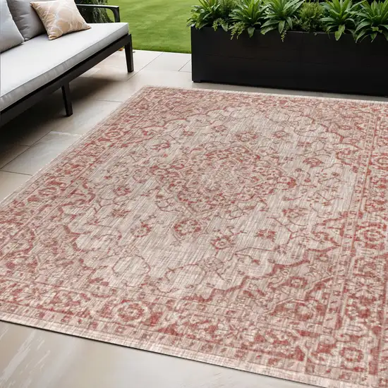 Red And Taupe Medallion Indoor Outdoor Area Rug Photo 1