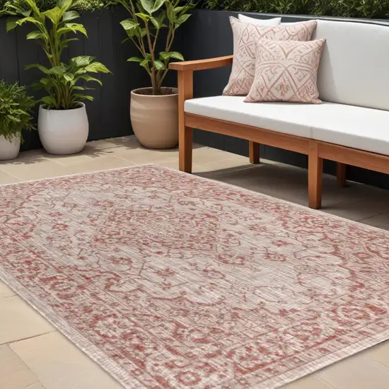 Red And Taupe Medallion Indoor Outdoor Area Rug Photo 1