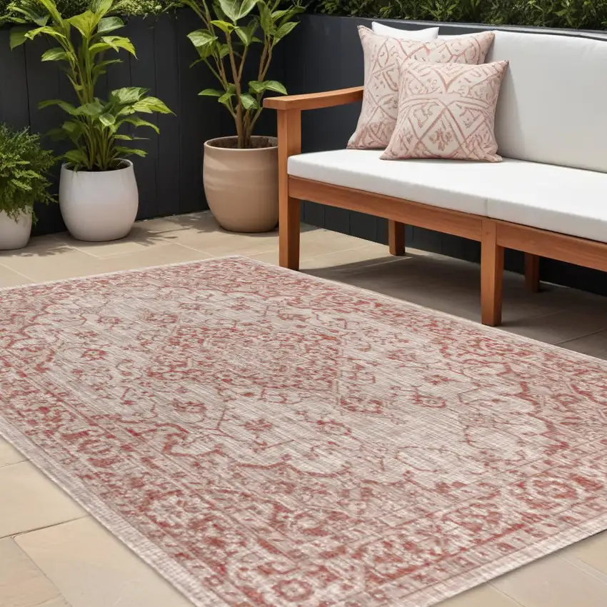 Red And Taupe Medallion Indoor Outdoor Area Rug Photo 1