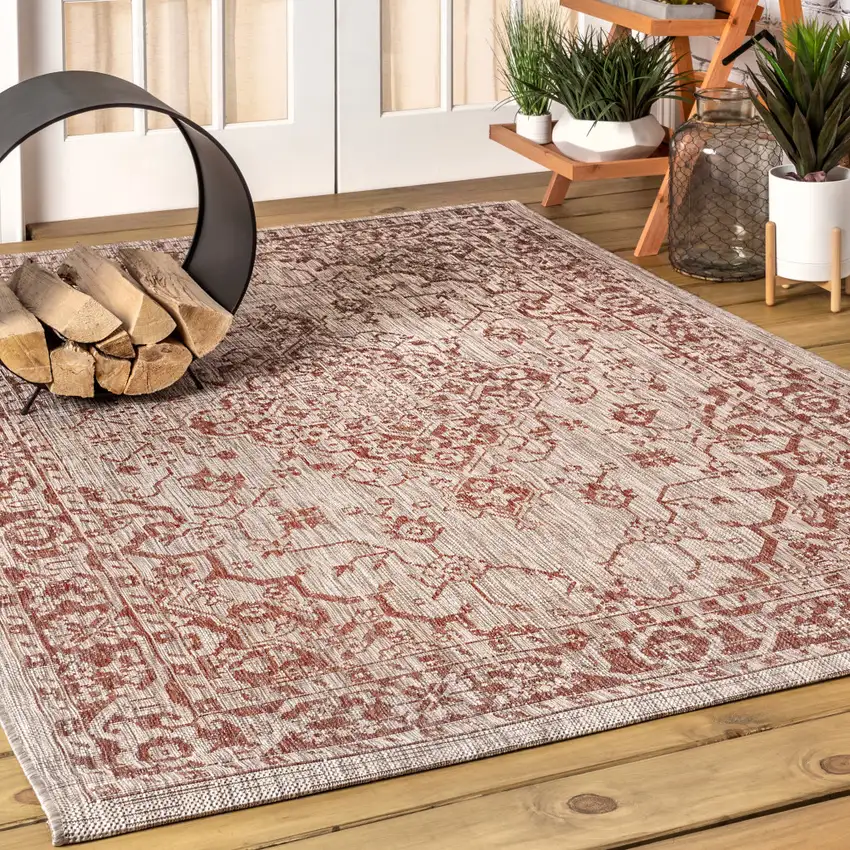 Red And Taupe Medallion Indoor Outdoor Area Rug Photo 5