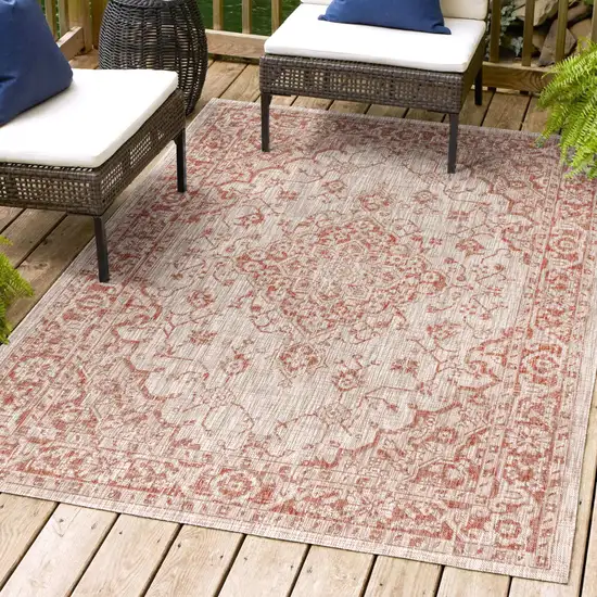 Red And Taupe Medallion Indoor Outdoor Area Rug Photo 9