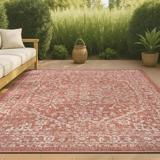 Red And Taupe Medallion Indoor Outdoor Area Rug Photo 4