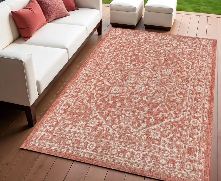 Red And Taupe Medallion Indoor Outdoor Area Rug Photo 1
