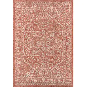 Photo of Red And Taupe Medallion Indoor Outdoor Area Rug