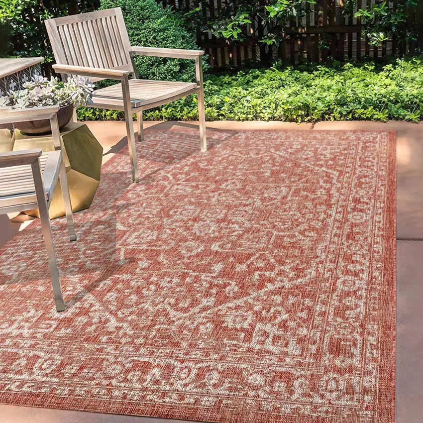 Red And Taupe Medallion Indoor Outdoor Area Rug Photo 8