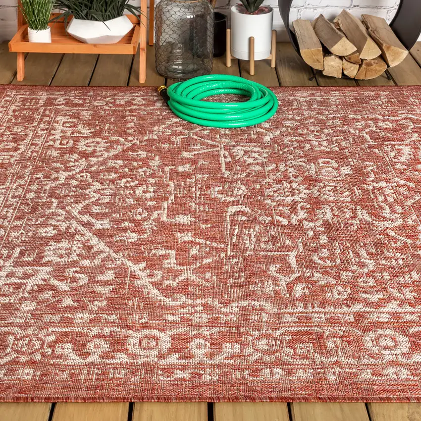 Red And Taupe Medallion Indoor Outdoor Area Rug Photo 7