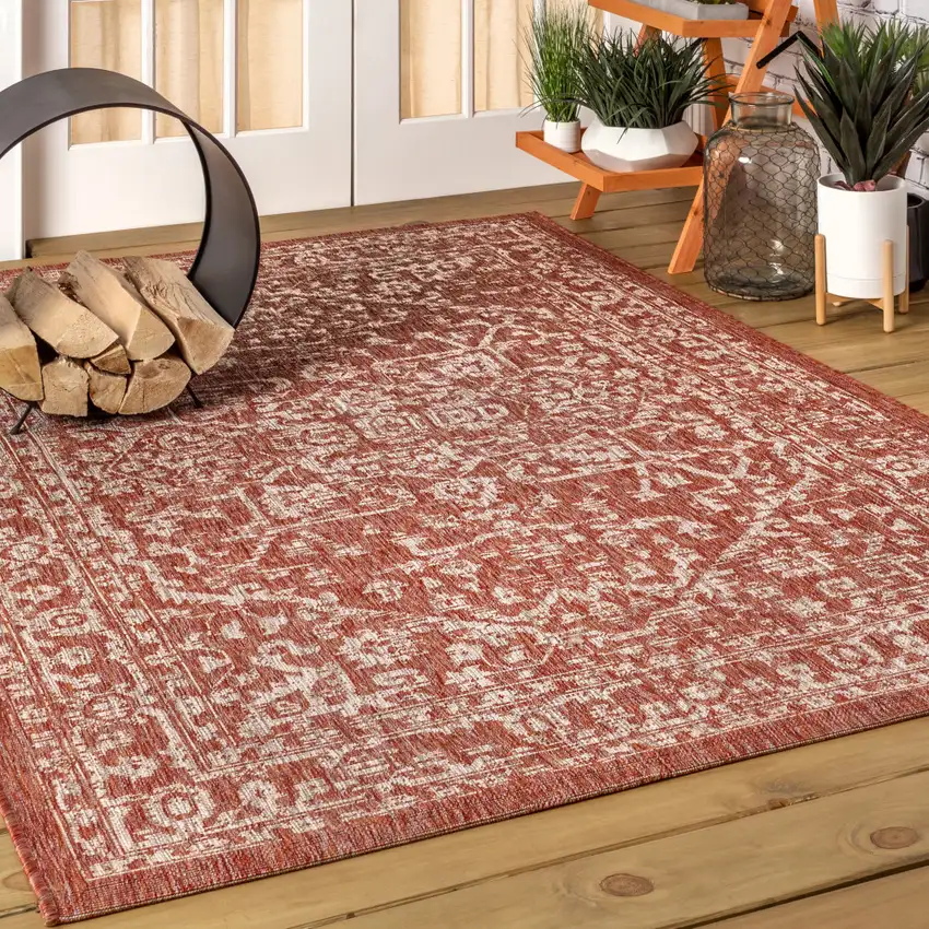 Red And Taupe Medallion Indoor Outdoor Area Rug Photo 5